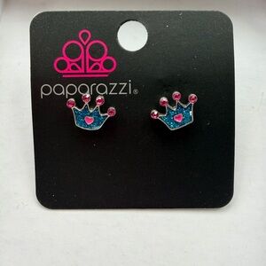 paparazzi Blue Glitter & Pink Heart Crown Stud Earrings for Kids